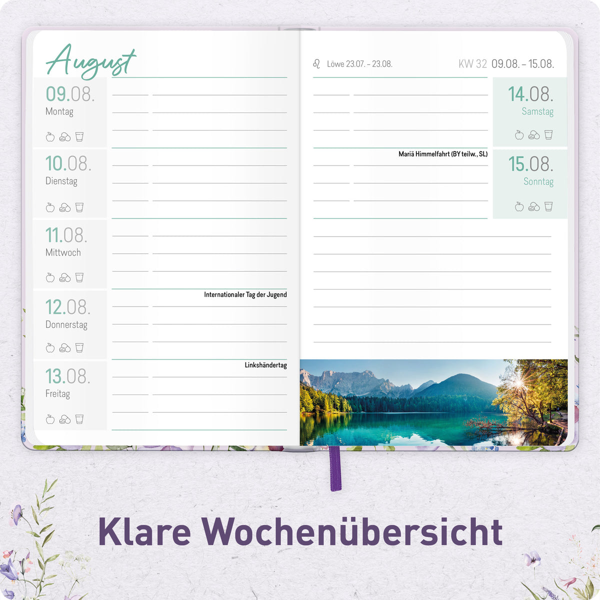 Innenansicht von Häfft Großdruck-Kalender 2027 A5 - extra große Schrift im Motiv „Blütentraum“ mit gut lesbarer Wochenplanung in großer Schrift.