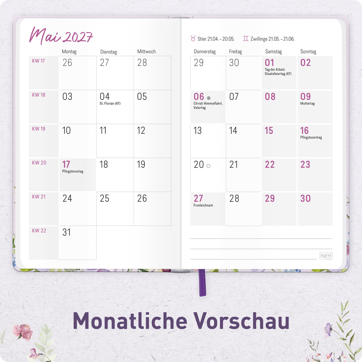 Innenansicht von Häfft Großdruck-Kalender 2027 A5 - extra große Schrift im Motiv „Blütentraum“ mit Monatsübersicht.