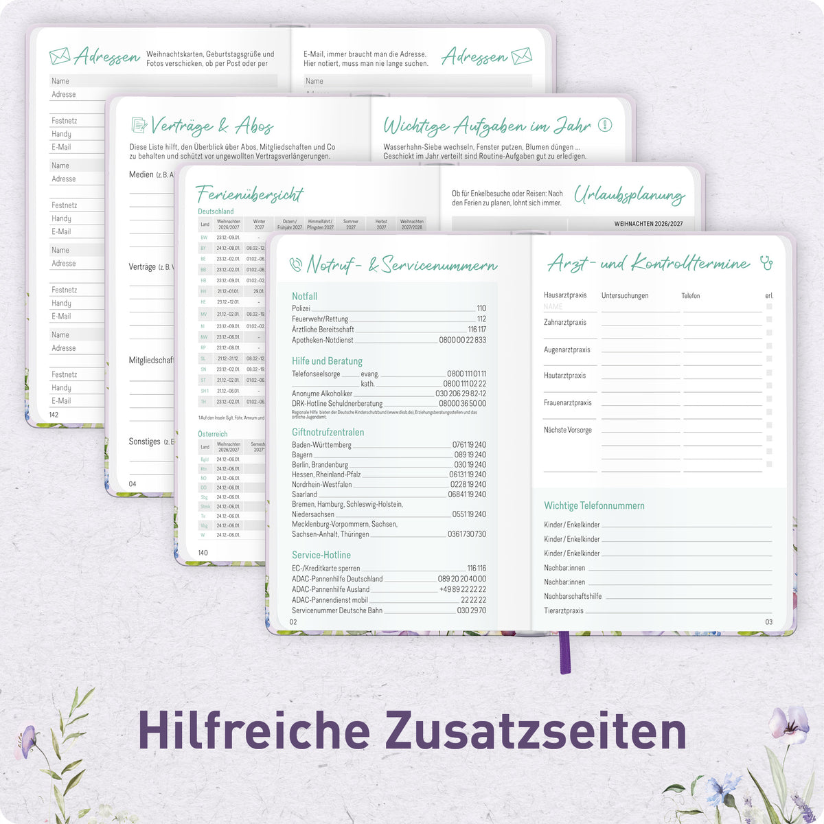 Zusatzseiten von Häfft Großdruck-Kalender 2027 A5 - extra große Schrift im Motiv „Blütentraum“.