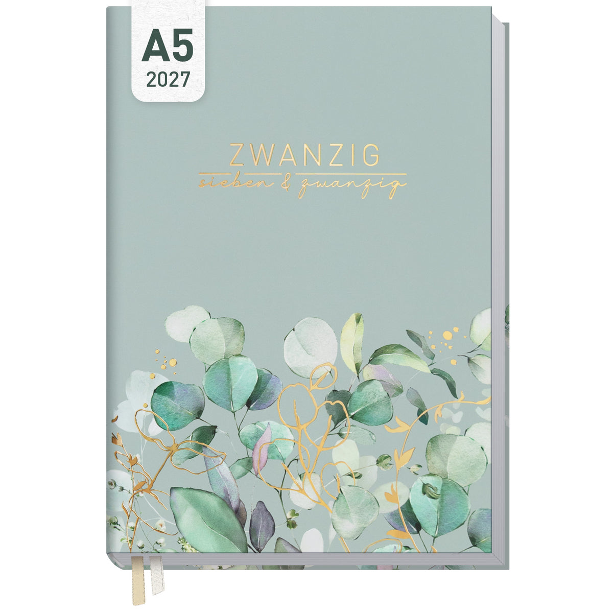 Coveransicht von Häfft Business-Timer Kalender 2027 A5 Wochenplaner im Motiv „Minty Leaves“.