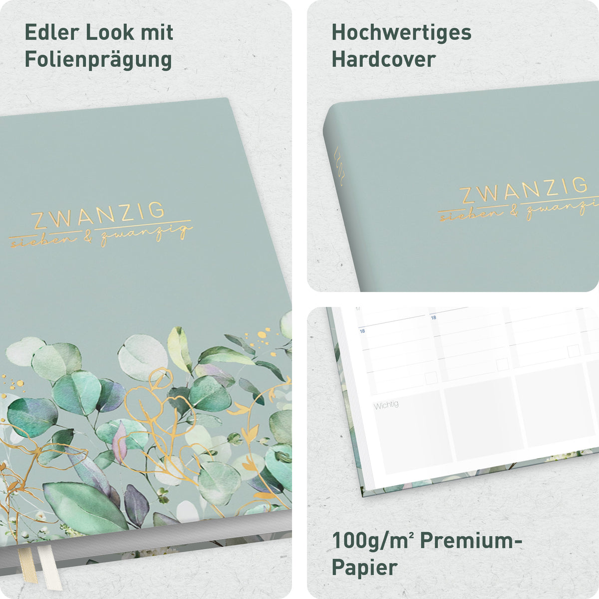 Hardcover & Folienprägung von Häfft Business-Timer Kalender 2027 A5 Wochenplaner im Motiv „Minty Leaves“.