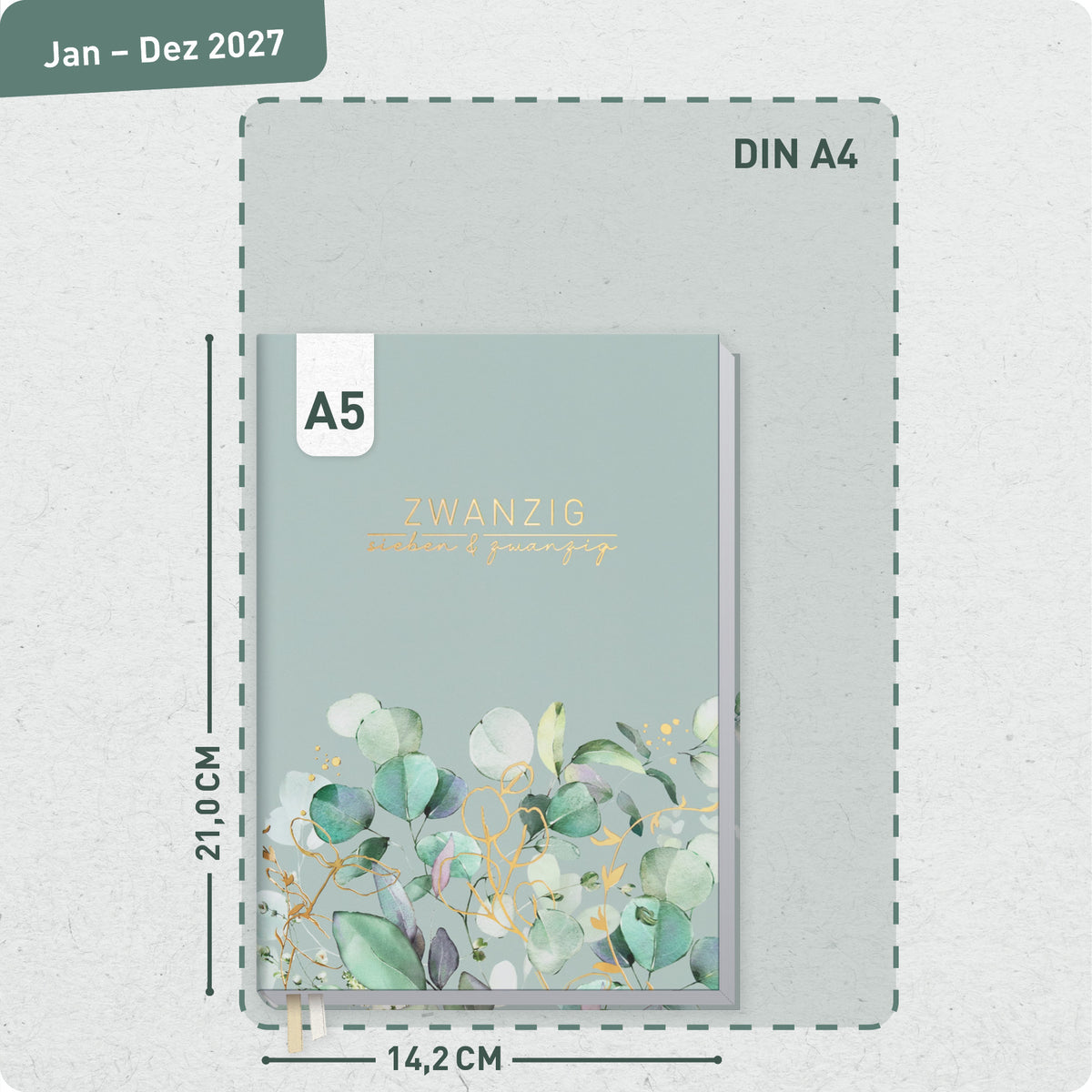 Format- und Größenansicht von Häfft Business-Timer Kalender 2027 A5 Wochenplaner im Motiv „Minty Leaves“.