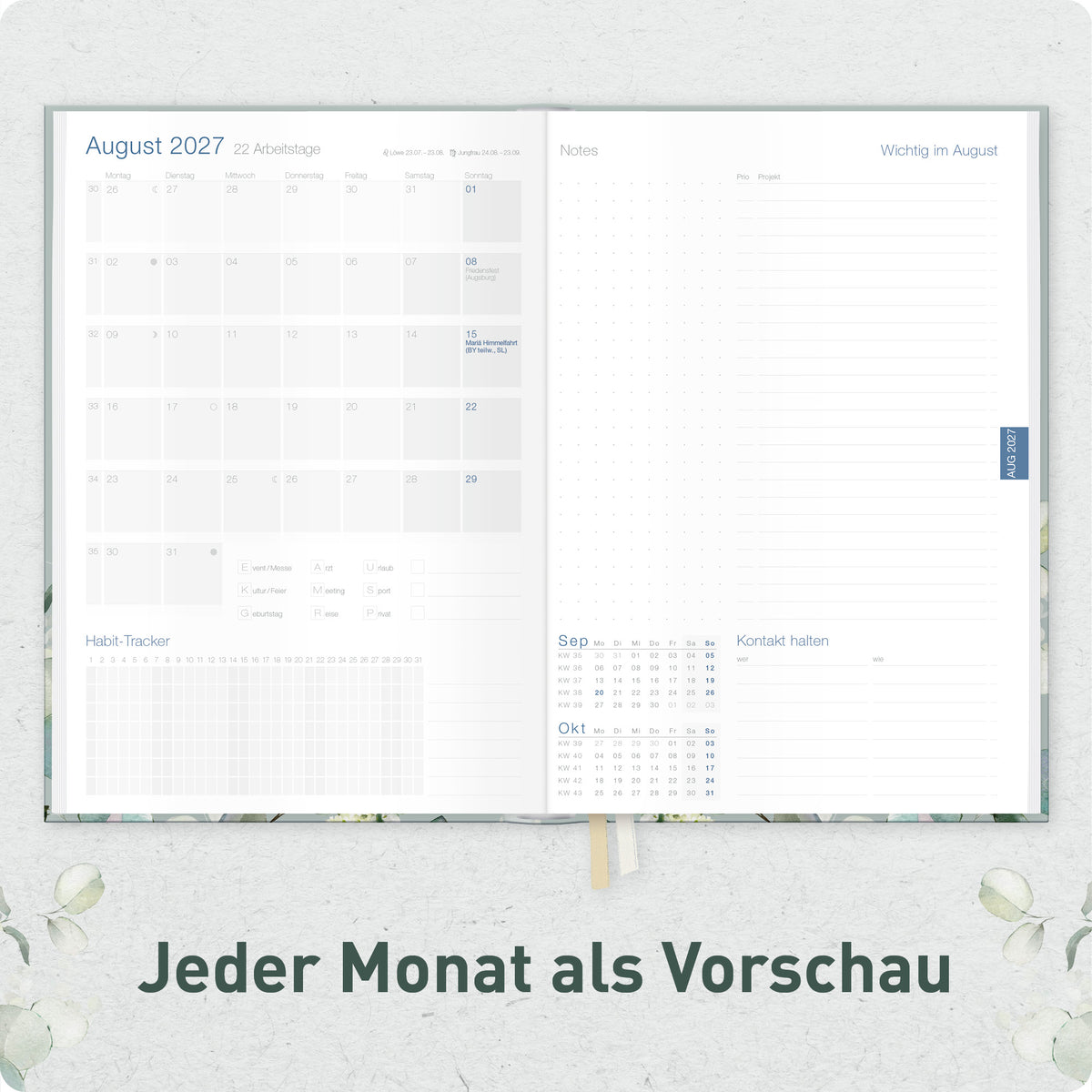 Innenansicht von Häfft Business-Timer Kalender 2027 A5 Wochenplaner im Motiv „Minty Leaves“ mit Monatsvorschau.