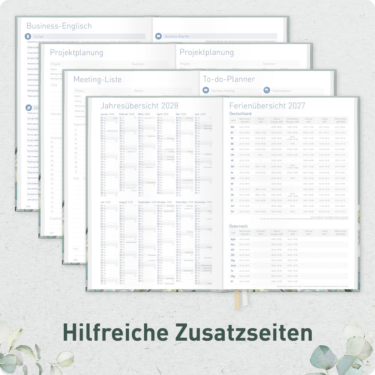 Zusatzseiten von Häfft Business-Timer Kalender 2027 A5 Wochenplaner im Motiv „Minty Leaves“.