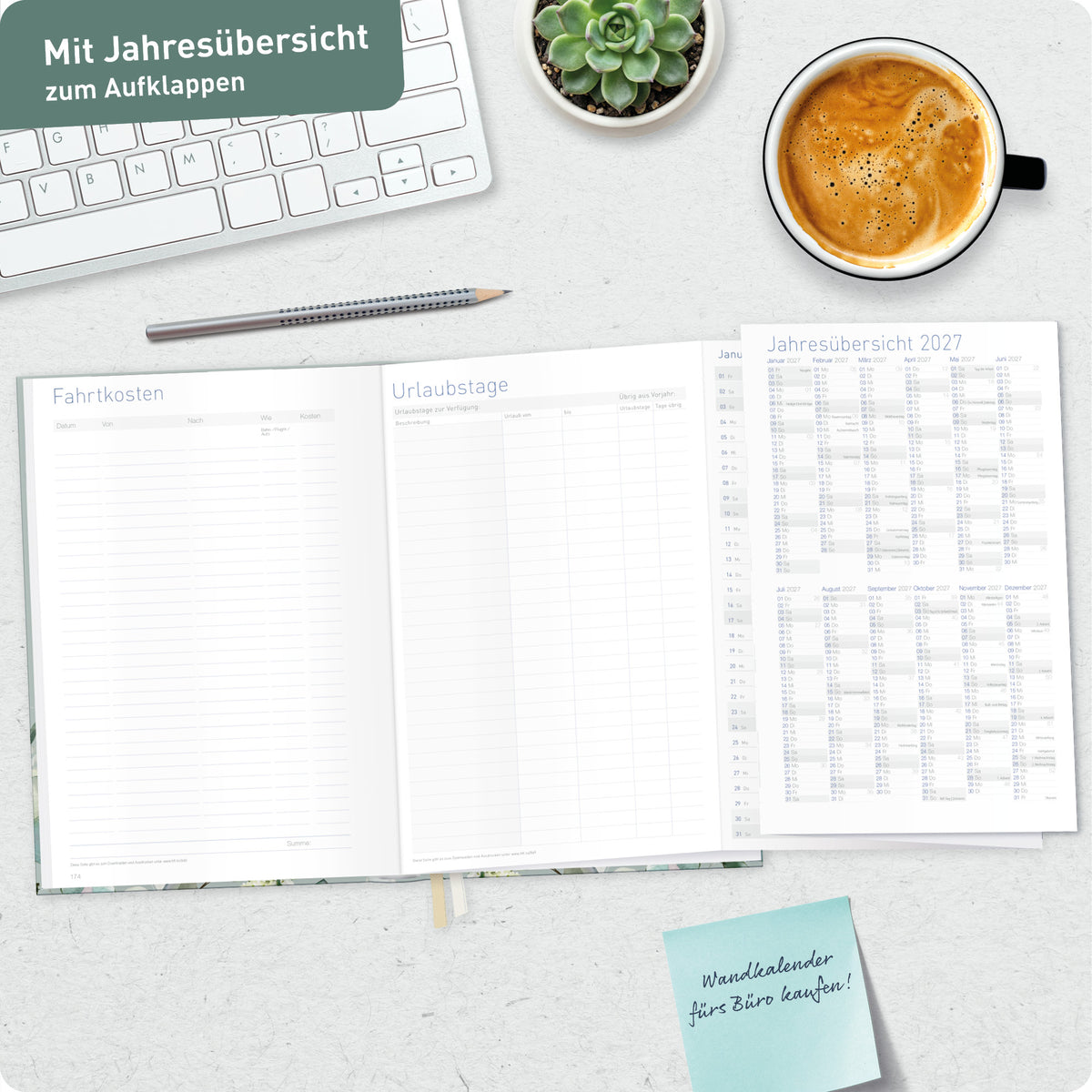 Jahresübersicht zum Aufklappen von Häfft Business-Timer Kalender 2027 A5 Wochenplaner im Motiv „Minty Leaves“.