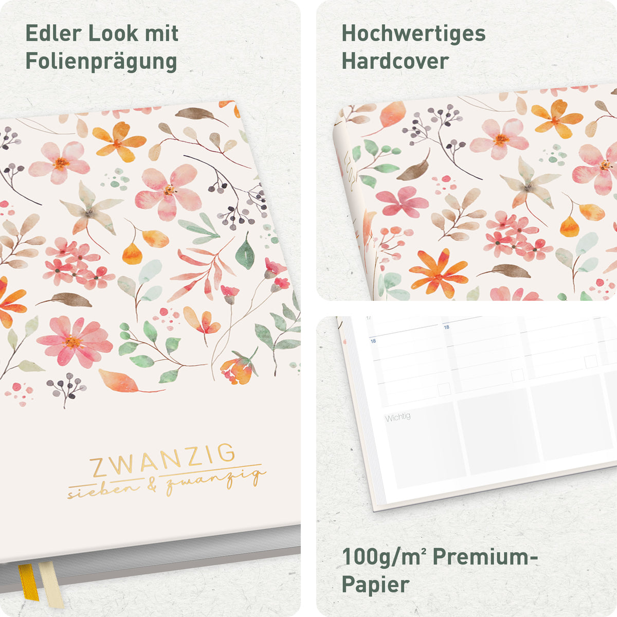 Hardcover & Folienprägung von Häfft Business-Timer Kalender 2027 A5 Wochenplaner im Motiv „Wild Blossoms“.