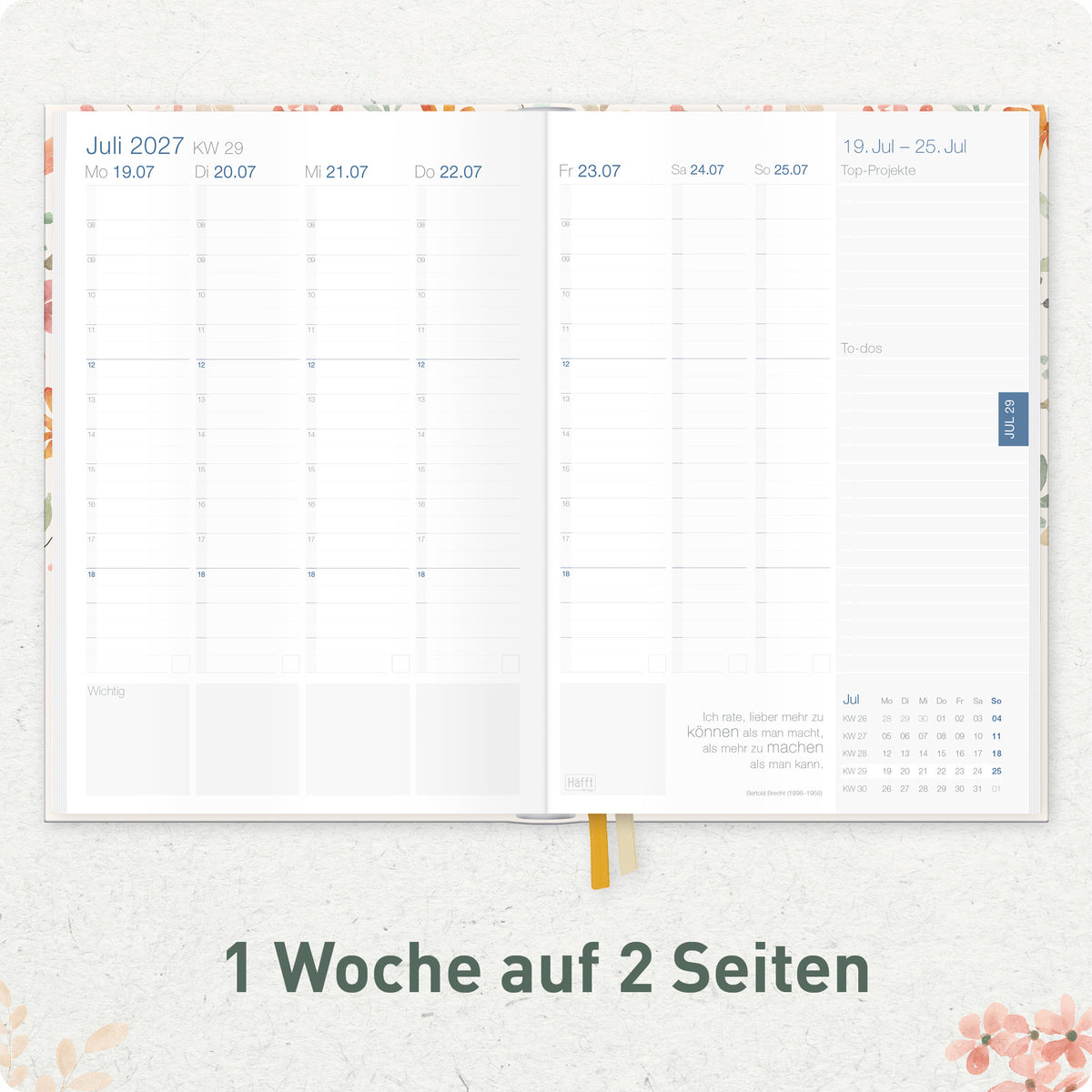 Innenansicht von Häfft Business-Timer Kalender 2027 A5 Wochenplaner im Motiv „Wild Blossoms“ mit einer Woche auf zwei Seiten.