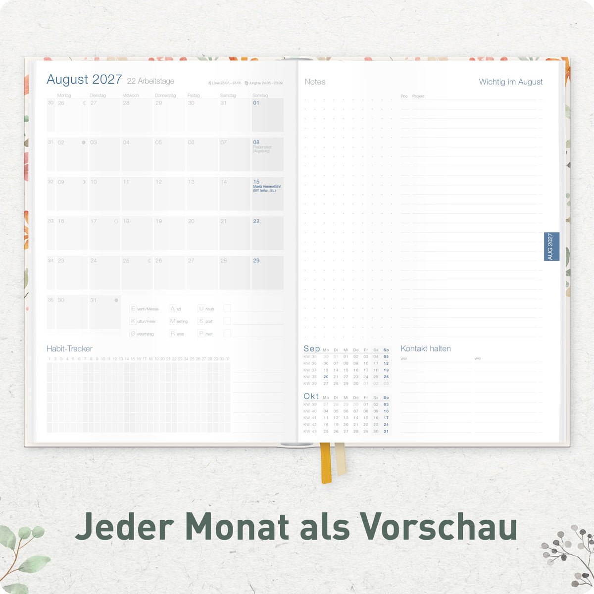 Innenansicht von Häfft Business-Timer Kalender 2027 A5 Wochenplaner im Motiv „Wild Blossoms“ mit Monatsvorschau.