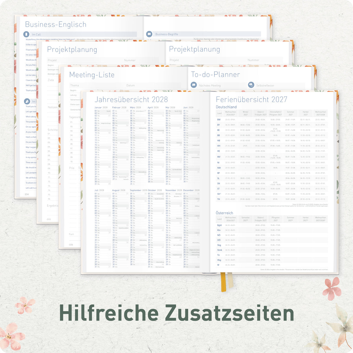 Zusatzseiten von Häfft Business-Timer Kalender 2027 A5 Wochenplaner im Motiv „Wild Blossoms“.