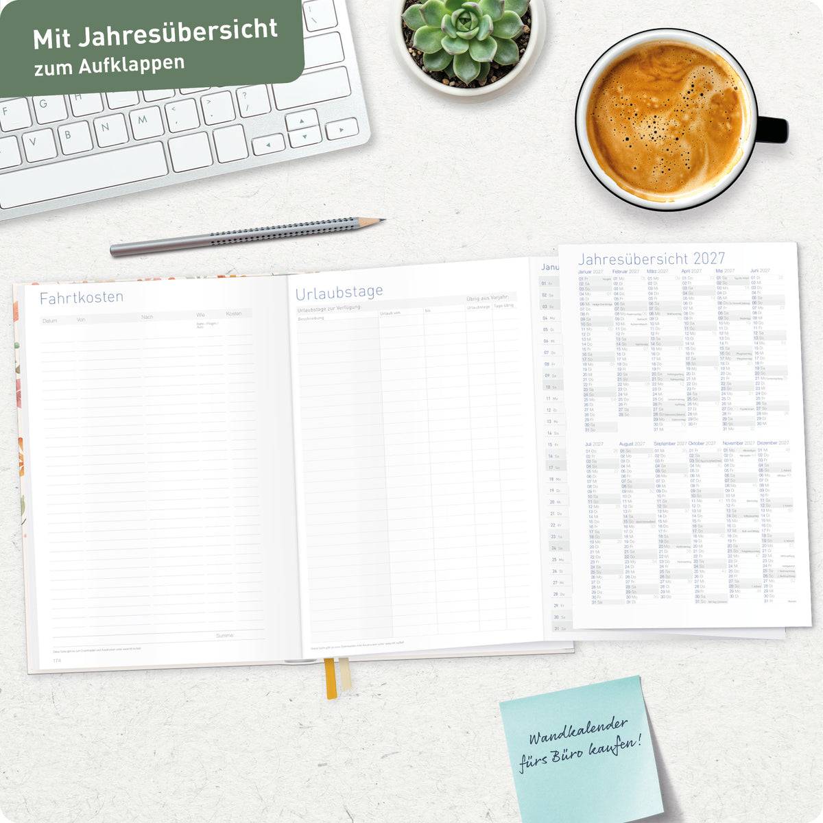 Jahresübersicht zum Aufklappen von Häfft Business-Timer Kalender 2027 A5 Wochenplaner im Motiv „Wild Blossoms“.