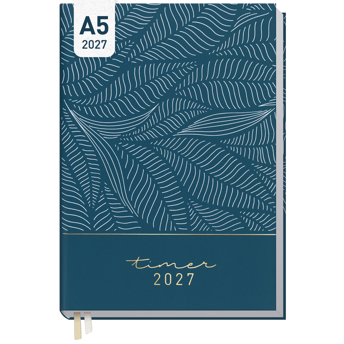 Coveransicht von Häfft Business-Timer Kalender 2027 A5 Wochenplaner im Motiv „Fine Leaves blue“.