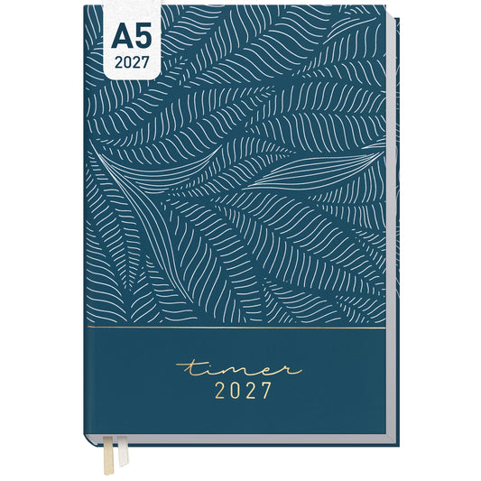 Coveransicht von Häfft Business-Timer Kalender 2027 A5 Wochenplaner im Motiv „Fine Leaves blue“.