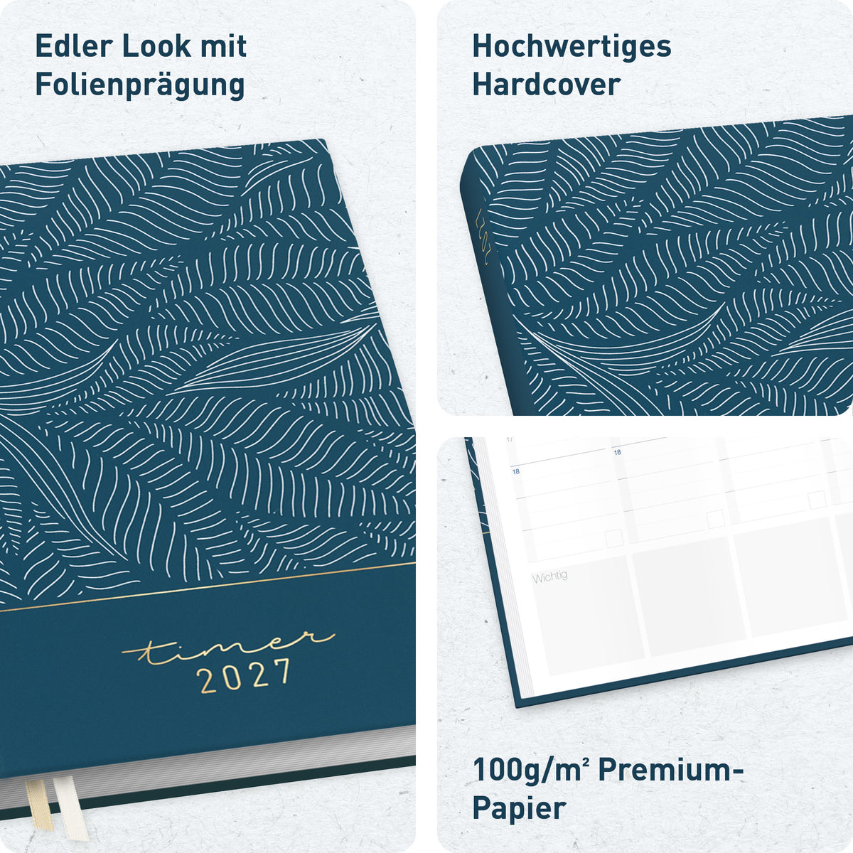 Hardcover & Folienprägung von Häfft Business-Timer Kalender 2027 A5 Wochenplaner im Motiv „Fine Leaves blue“.