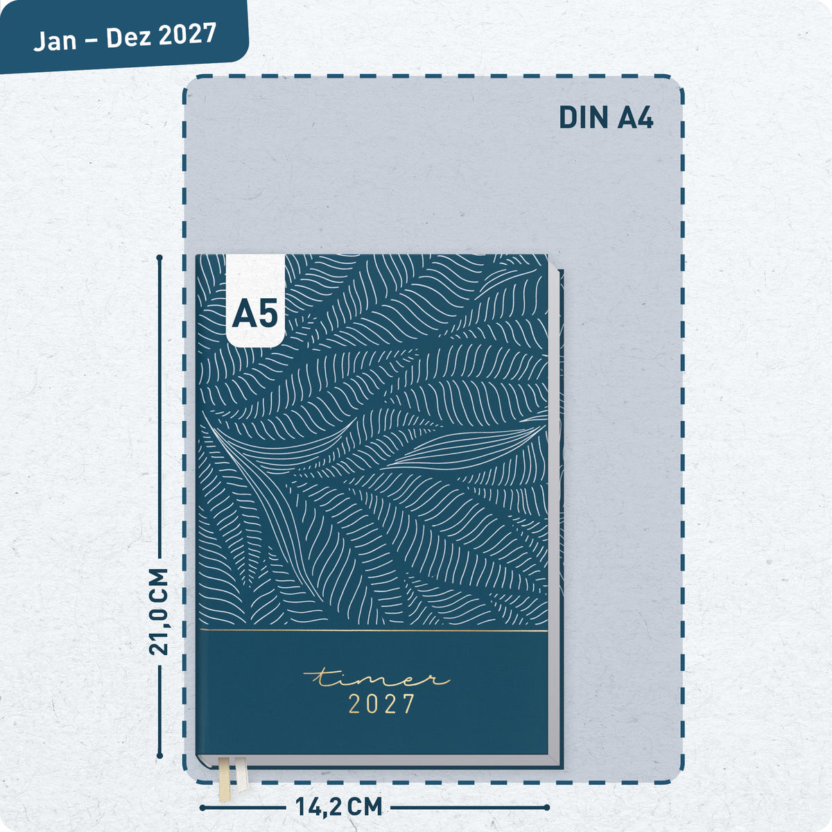 Format- und Größenansicht von Häfft Business-Timer Kalender 2027 A5 Wochenplaner im Motiv „Fine Leaves blue“.