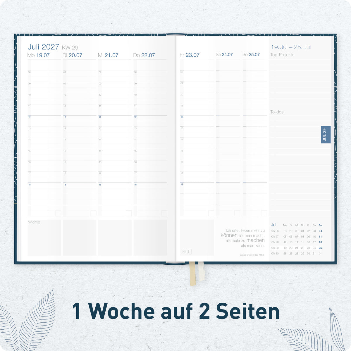 Innenansicht von Häfft Business-Timer Kalender 2027 A5 Wochenplaner im Motiv „Fine Leaves blue“ mit einer Woche auf zwei Seiten.