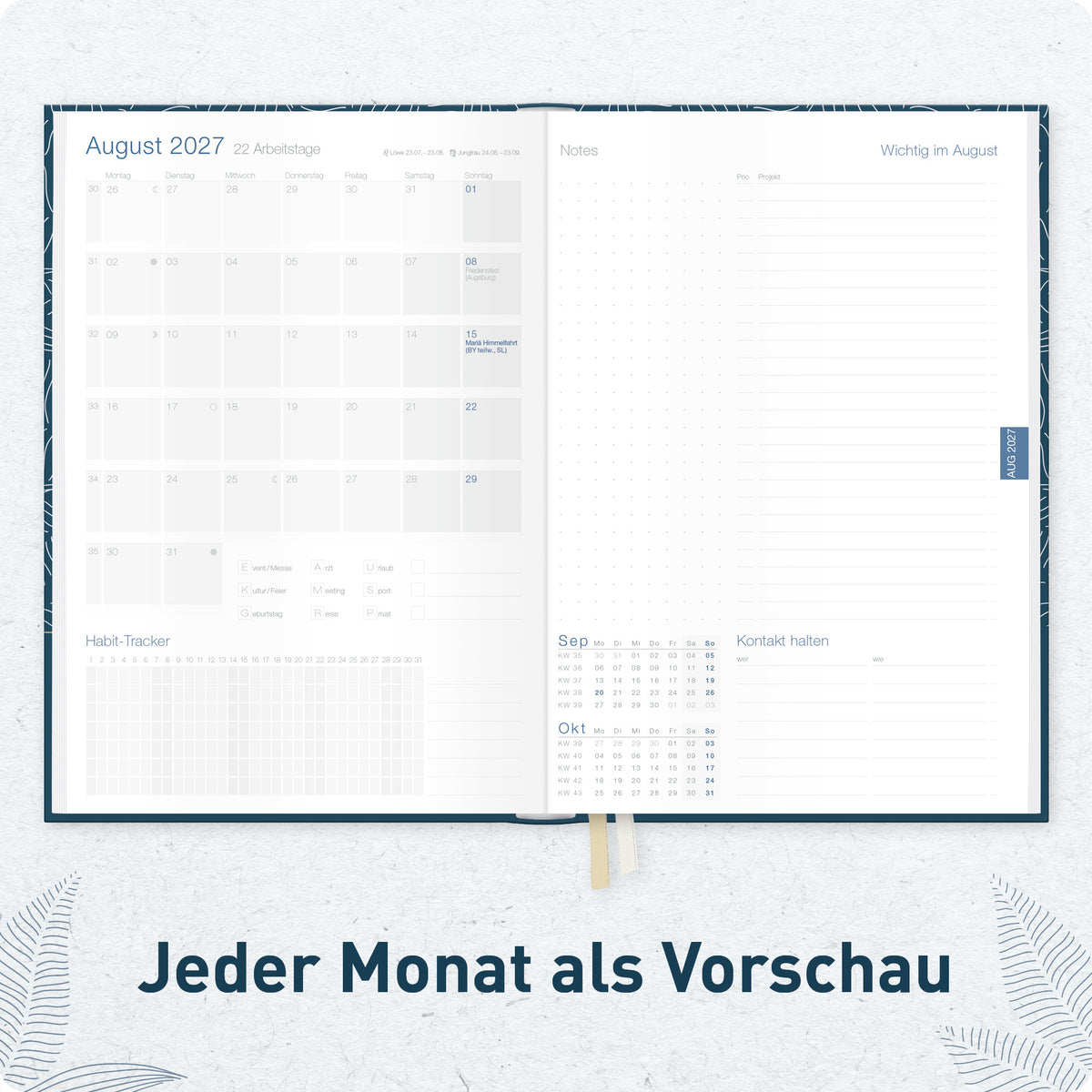 Innenansicht von Häfft Business-Timer Kalender 2027 A5 Wochenplaner im Motiv „Fine Leaves blue“ mit Monatsvorschau.