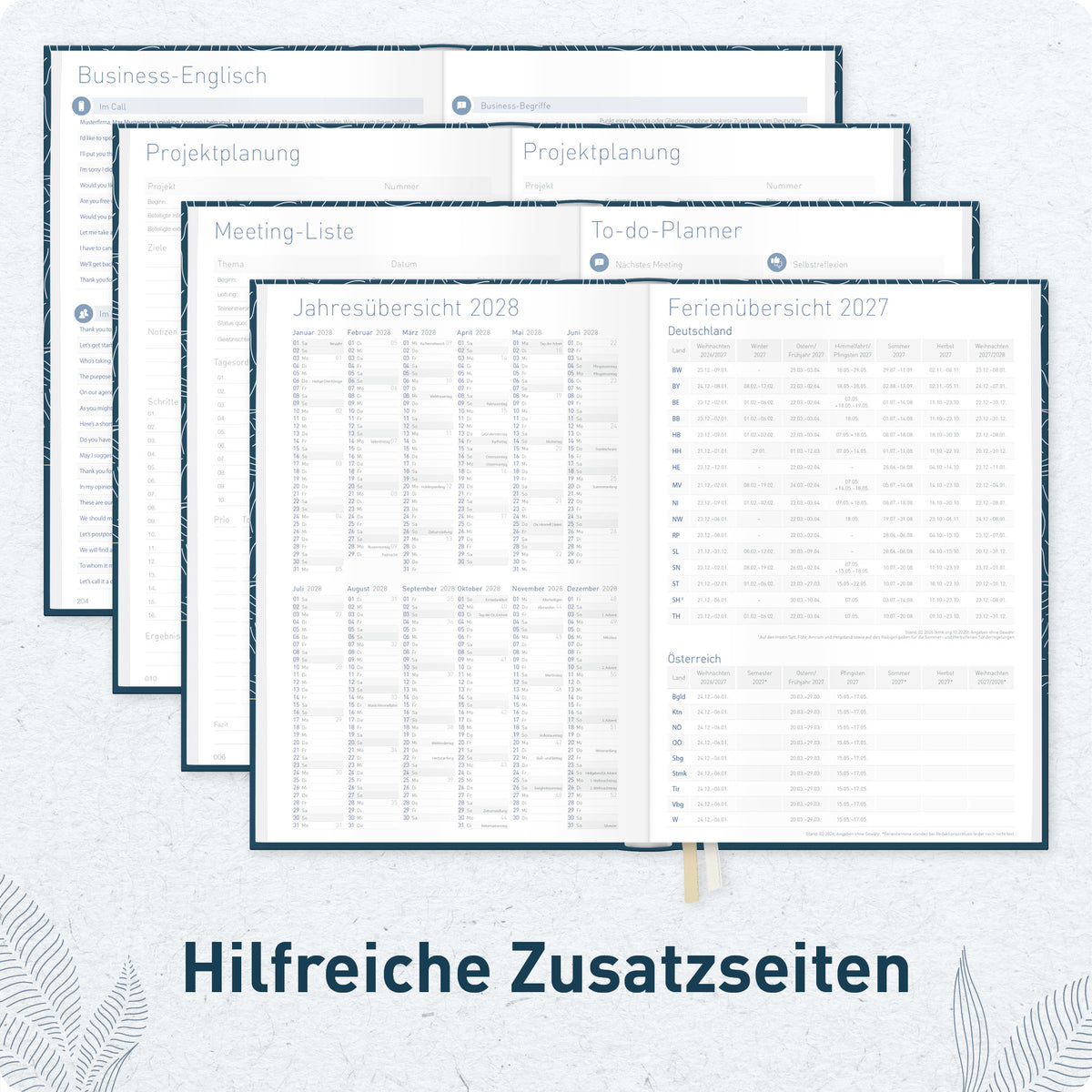 Zusatzseiten von Häfft Business-Timer Kalender 2027 A5 Wochenplaner im Motiv „Fine Leaves blue“.