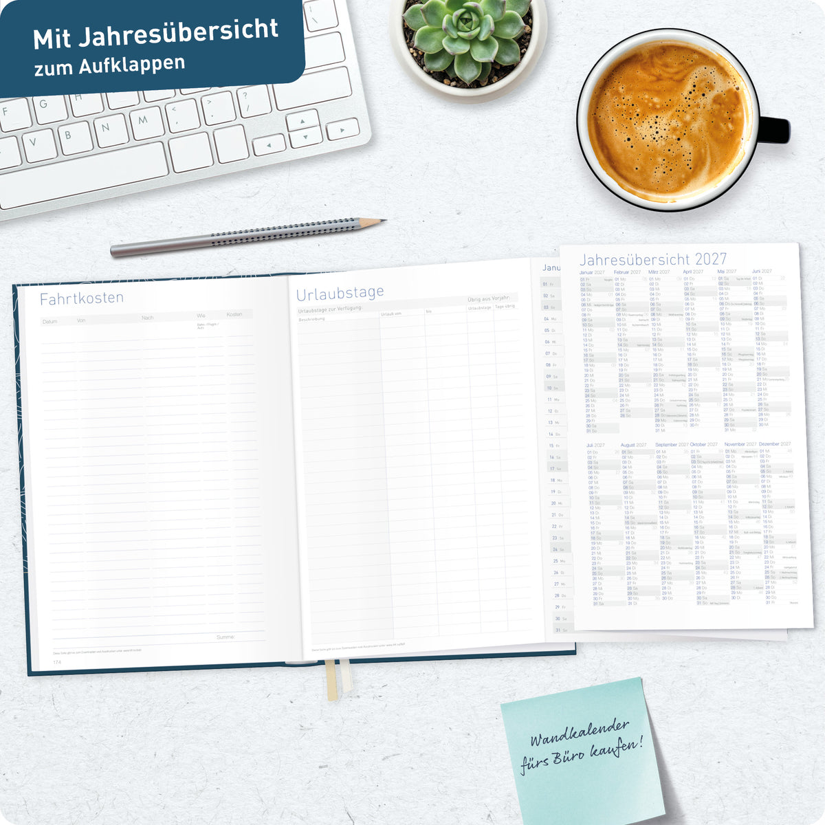 Jahresübersicht zum Aufklappen von Häfft Business-Timer Kalender 2027 A5 Wochenplaner im Motiv „Fine Leaves blue“.