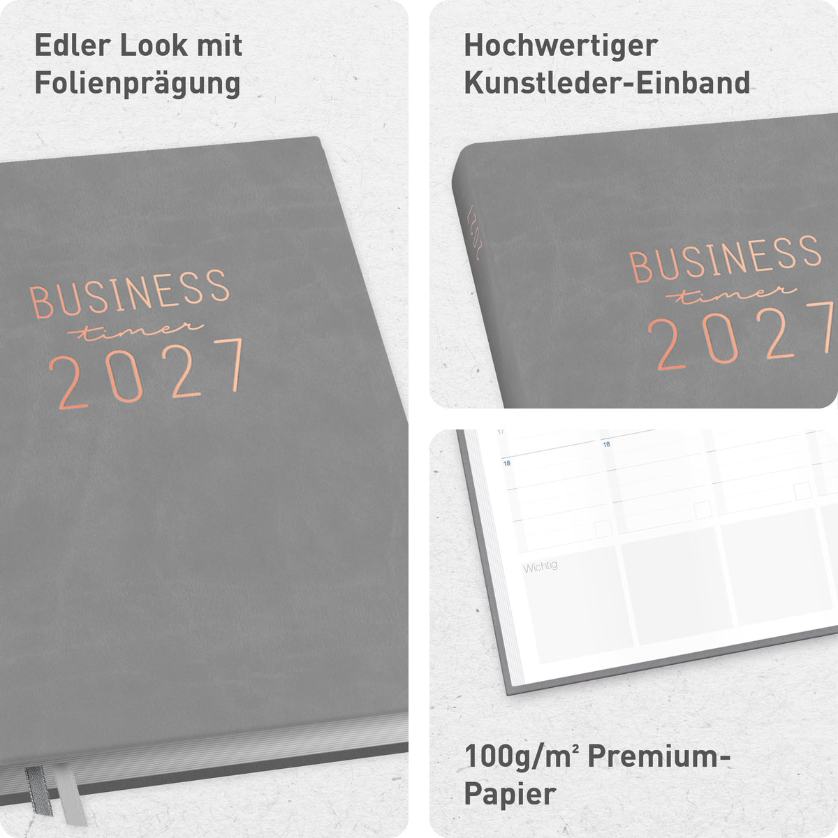 Hardcover & Folienprägung von Häfft Business-Timer Kalender 2027 A5 Wochenplaner im Motiv „Grau-Rosé“.