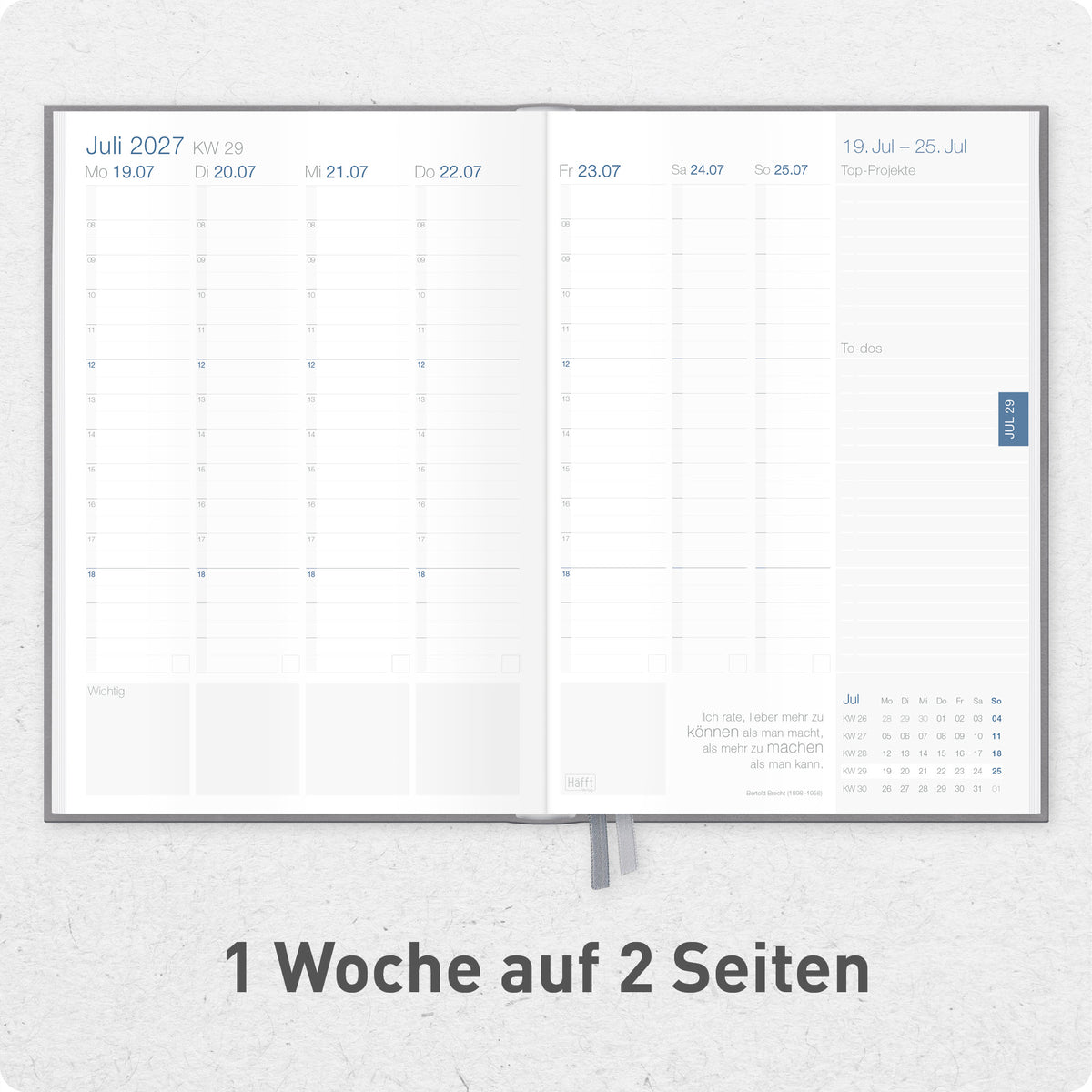 Innenansicht von Häfft Business-Timer Kalender 2027 A5 Wochenplaner im Motiv „Grau-Rosé“ mit einer Woche auf zwei Seiten.