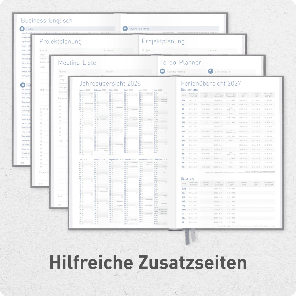 Zusatzseiten von Häfft Business-Timer Kalender 2027 A5 Wochenplaner im Motiv „Grau-Rosé“.