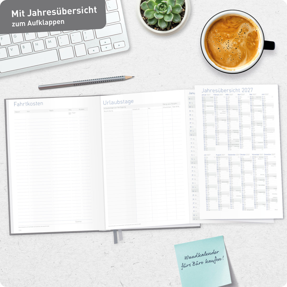 Jahresübersicht zum Aufklappen von Häfft Business-Timer Kalender 2027 A5 Wochenplaner im Motiv „Grau-Rosé“.