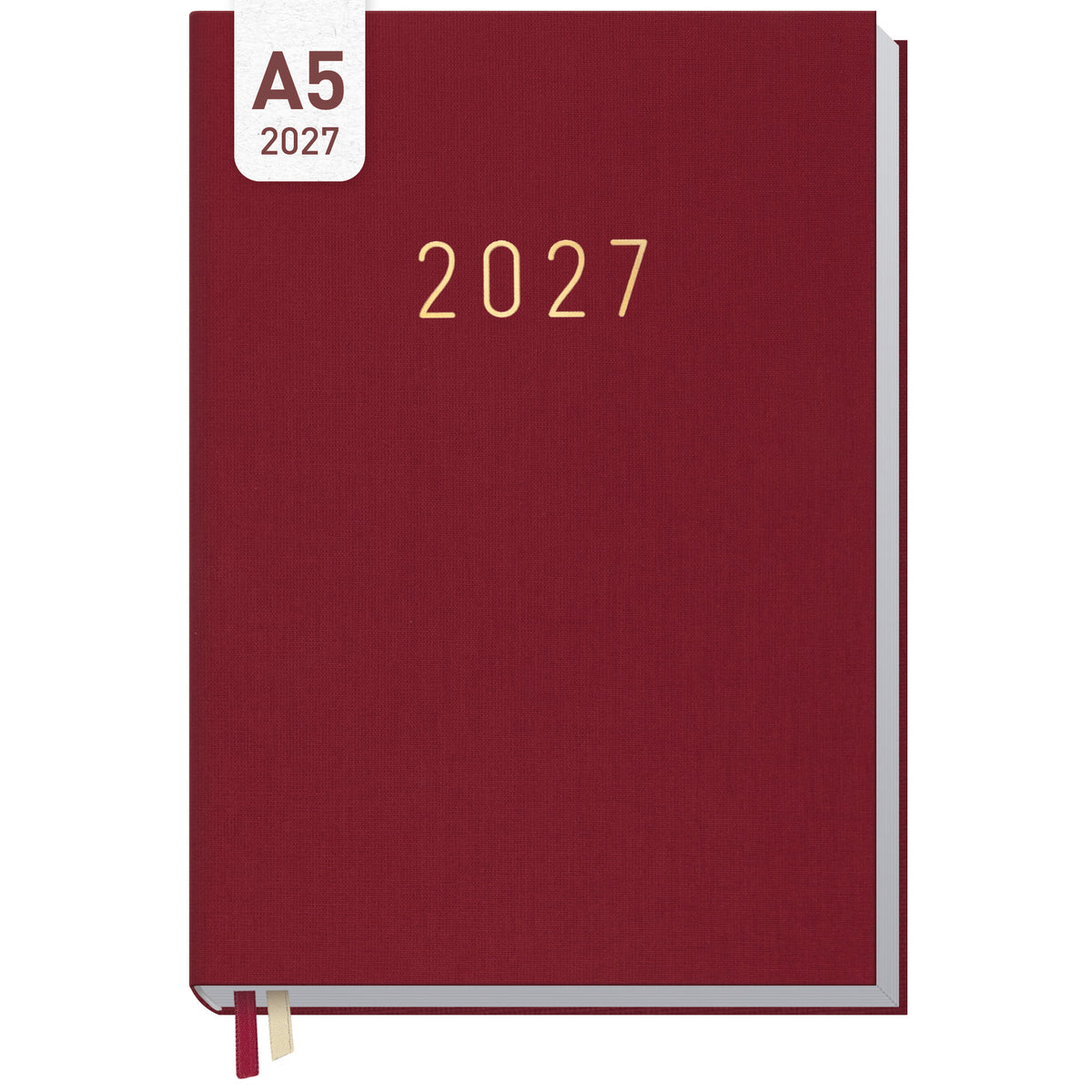Coveransicht von Häfft Business-Timer Kalender 2027 A5 Wochenplaner im Motiv „Rubinrot“.