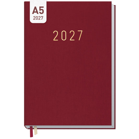 Coveransicht von Häfft Business-Timer Kalender 2027 A5 Wochenplaner im Motiv „Rubinrot“.