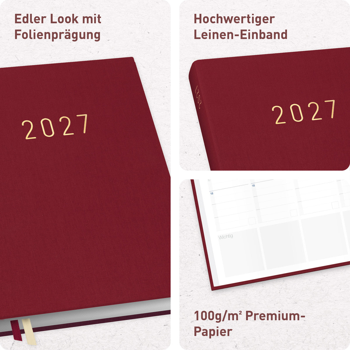 Hardcover & Folienprägung von Häfft Business-Timer Kalender 2027 A5 Wochenplaner im Motiv „Rubinrot“.