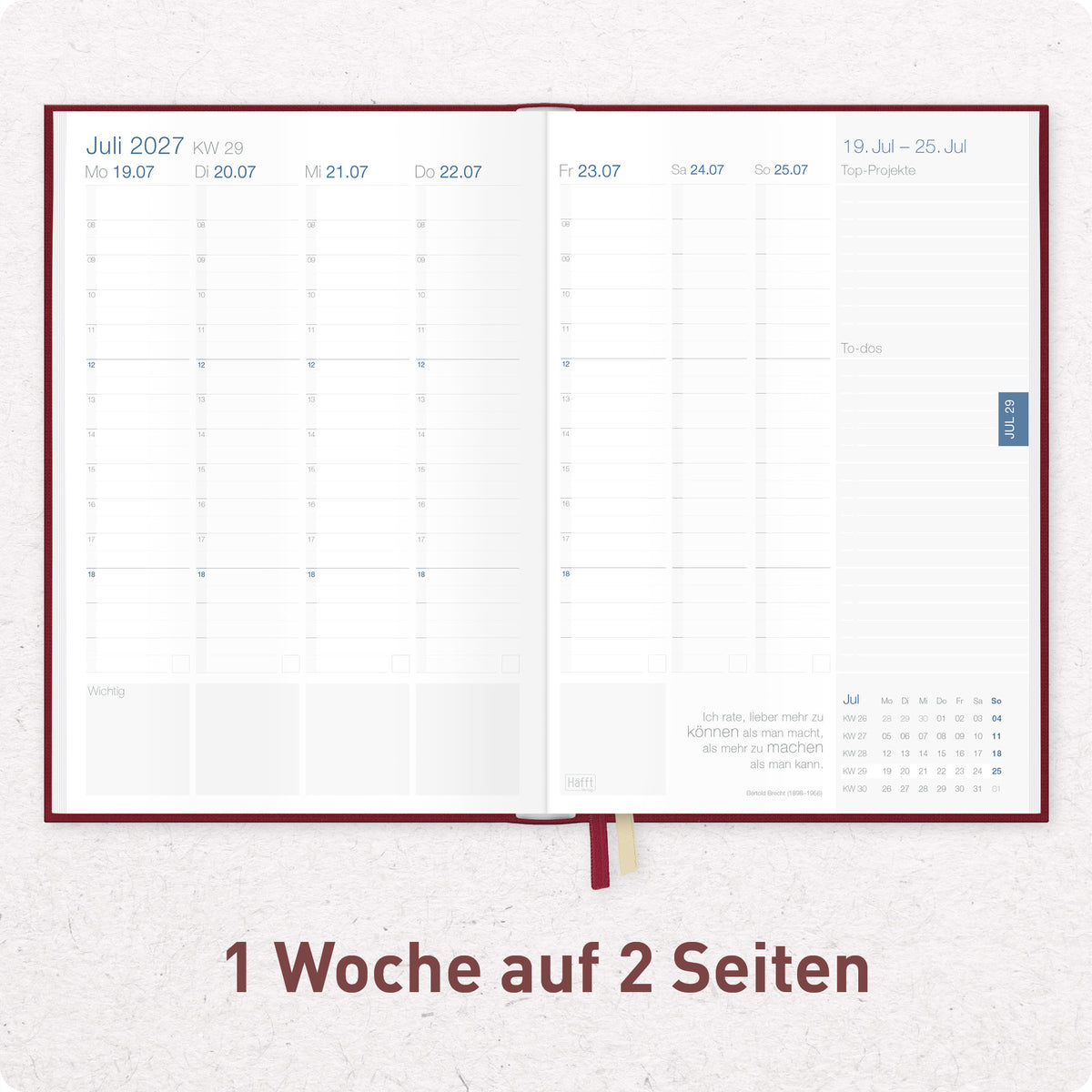 Innenansicht von Häfft Business-Timer Kalender 2027 A5 Wochenplaner im Motiv „Rubinrot“ mit einer Woche auf zwei Seiten.