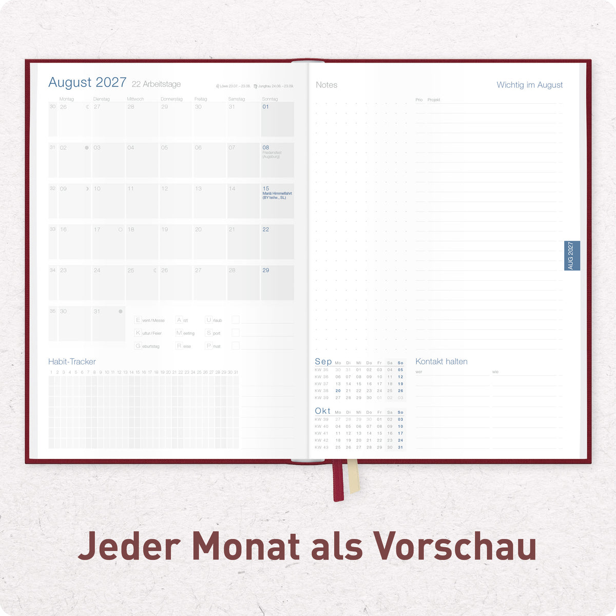 Innenansicht von Häfft Business-Timer Kalender 2027 A5 Wochenplaner im Motiv „Rubinrot“ mit Monatsvorschau.