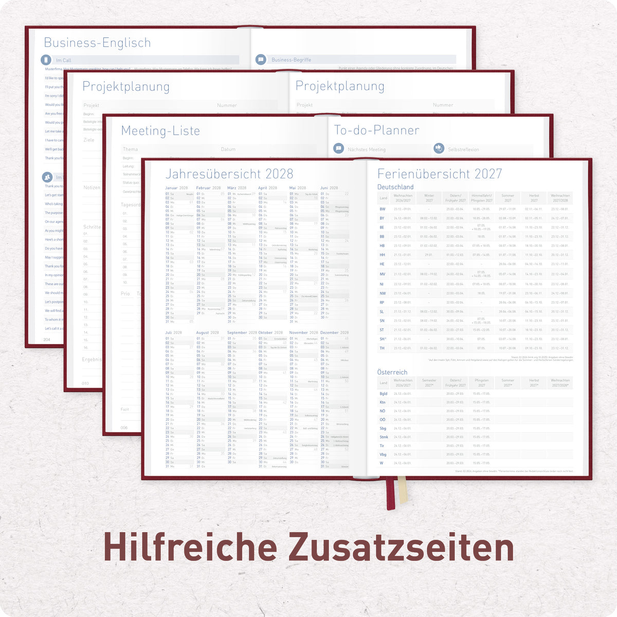 Zusatzseiten von Häfft Business-Timer Kalender 2027 A5 Wochenplaner im Motiv „Rubinrot“.