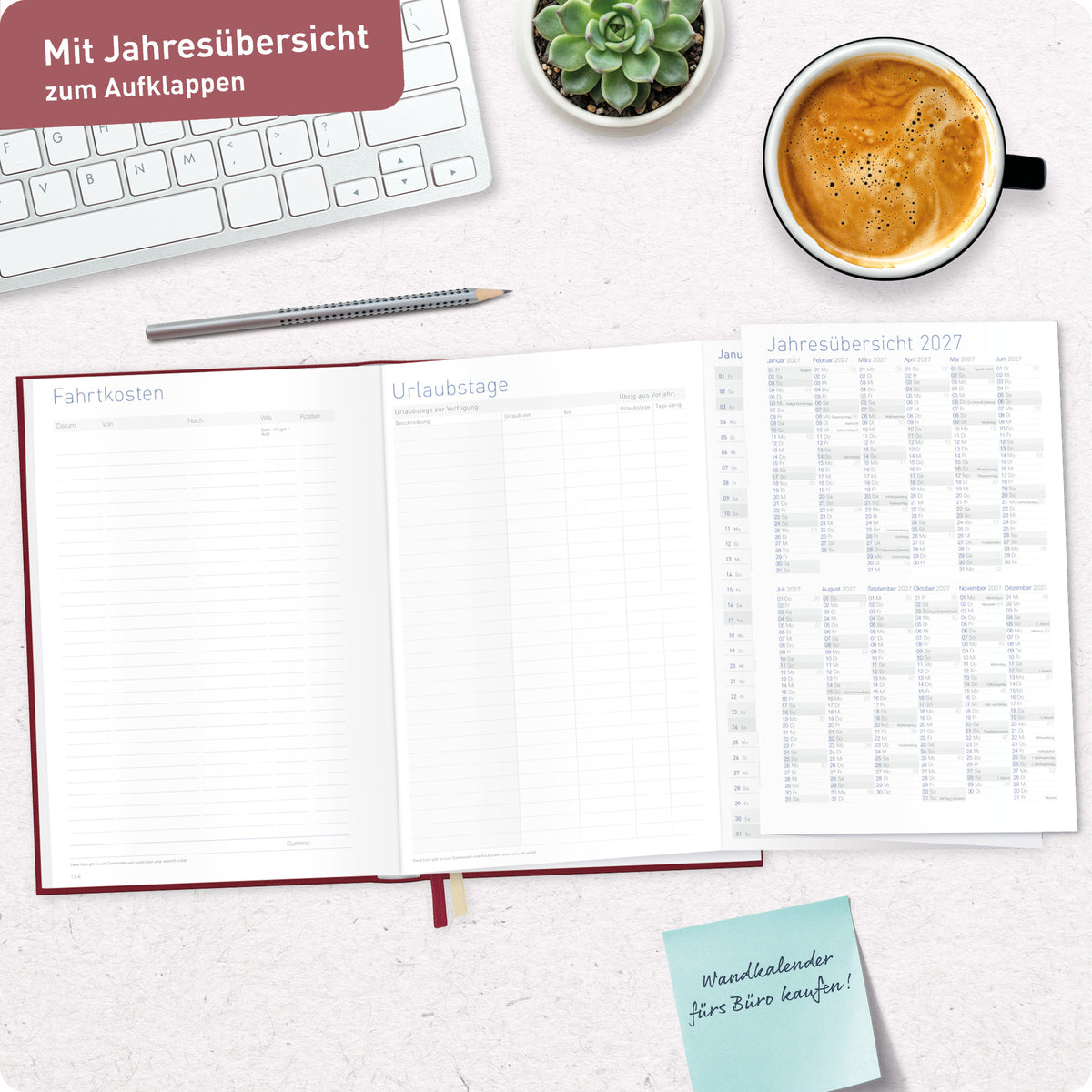 Jahresübersicht zum Aufklappen von Häfft Business-Timer Kalender 2027 A5 Wochenplaner im Motiv „Rubinrot“.