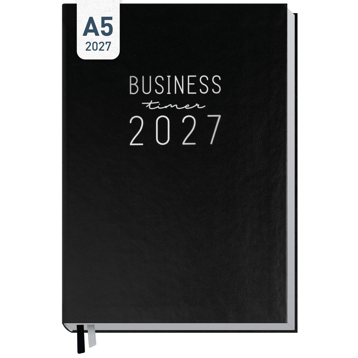 Coveransicht von Häfft Business-Timer Kalender 2027 A5 Wochenplaner im Motiv „Schwarz“.