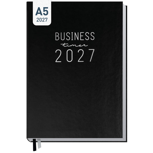 Coveransicht von Häfft Business-Timer Kalender 2027 A5 Wochenplaner im Motiv „Schwarz“.