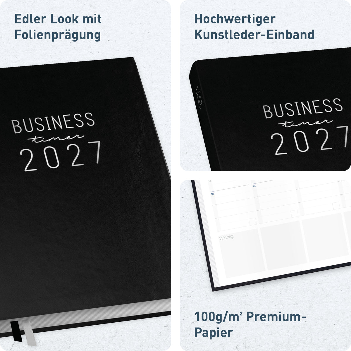 Hardcover & Folienprägung von Häfft Business-Timer Kalender 2027 A5 Wochenplaner im Motiv „Schwarz“.