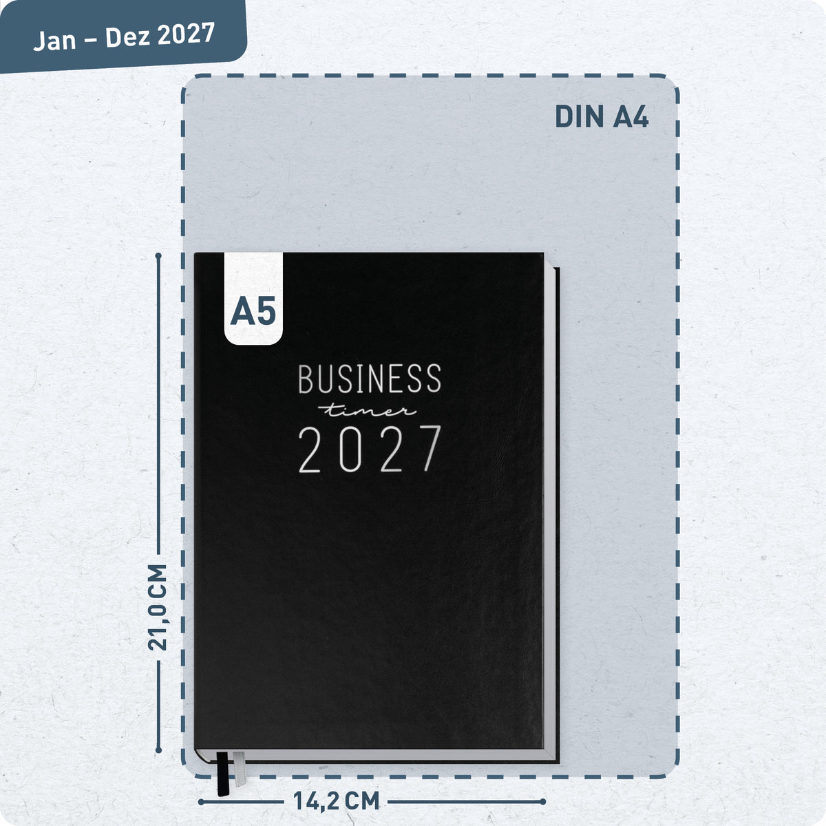 Format- und Größenansicht von Häfft Business-Timer Kalender 2027 A5 Wochenplaner im Motiv „Schwarz“.