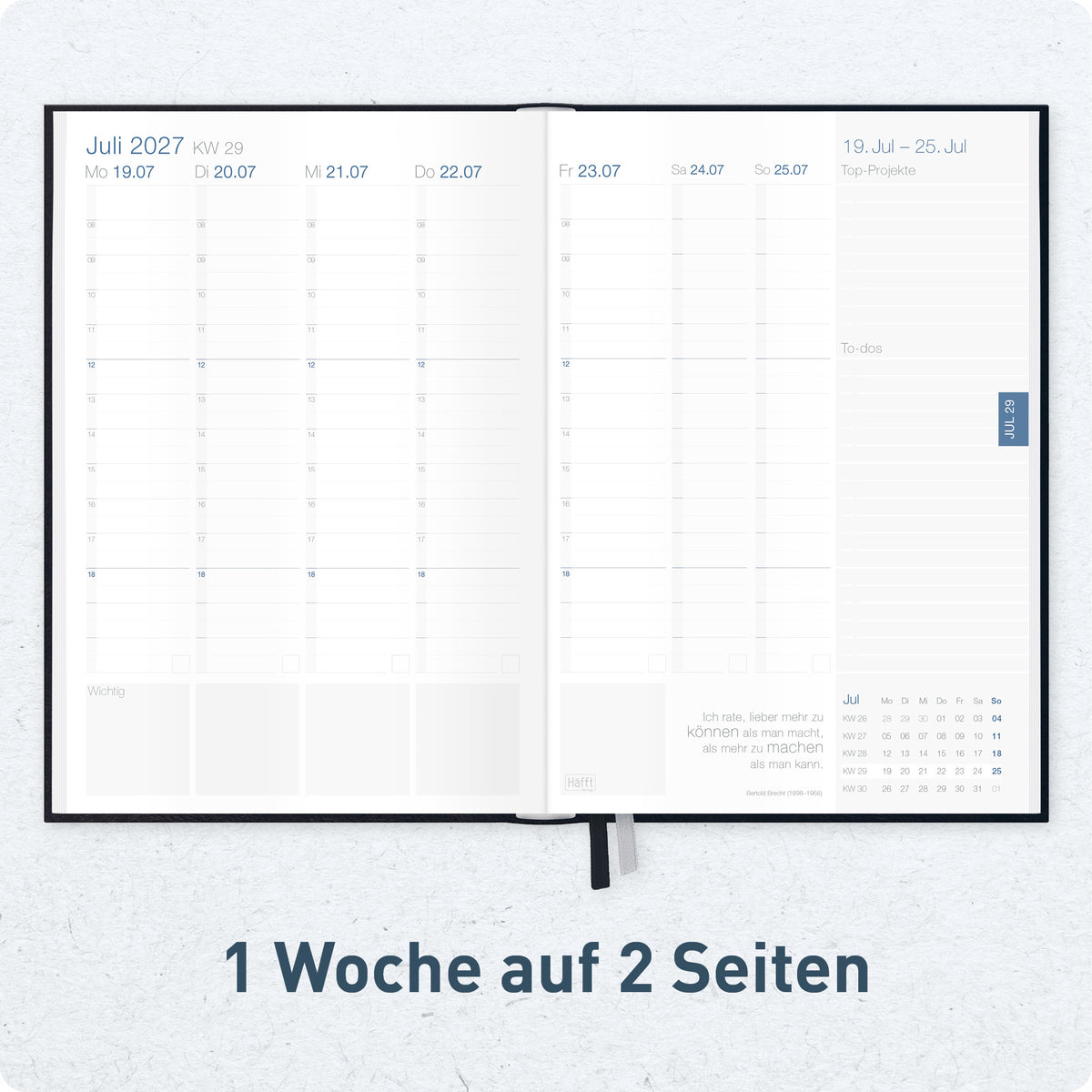 Innenansicht von Häfft Business-Timer Kalender 2027 A5 Wochenplaner im Motiv „Schwarz“ mit einer Woche auf zwei Seiten.