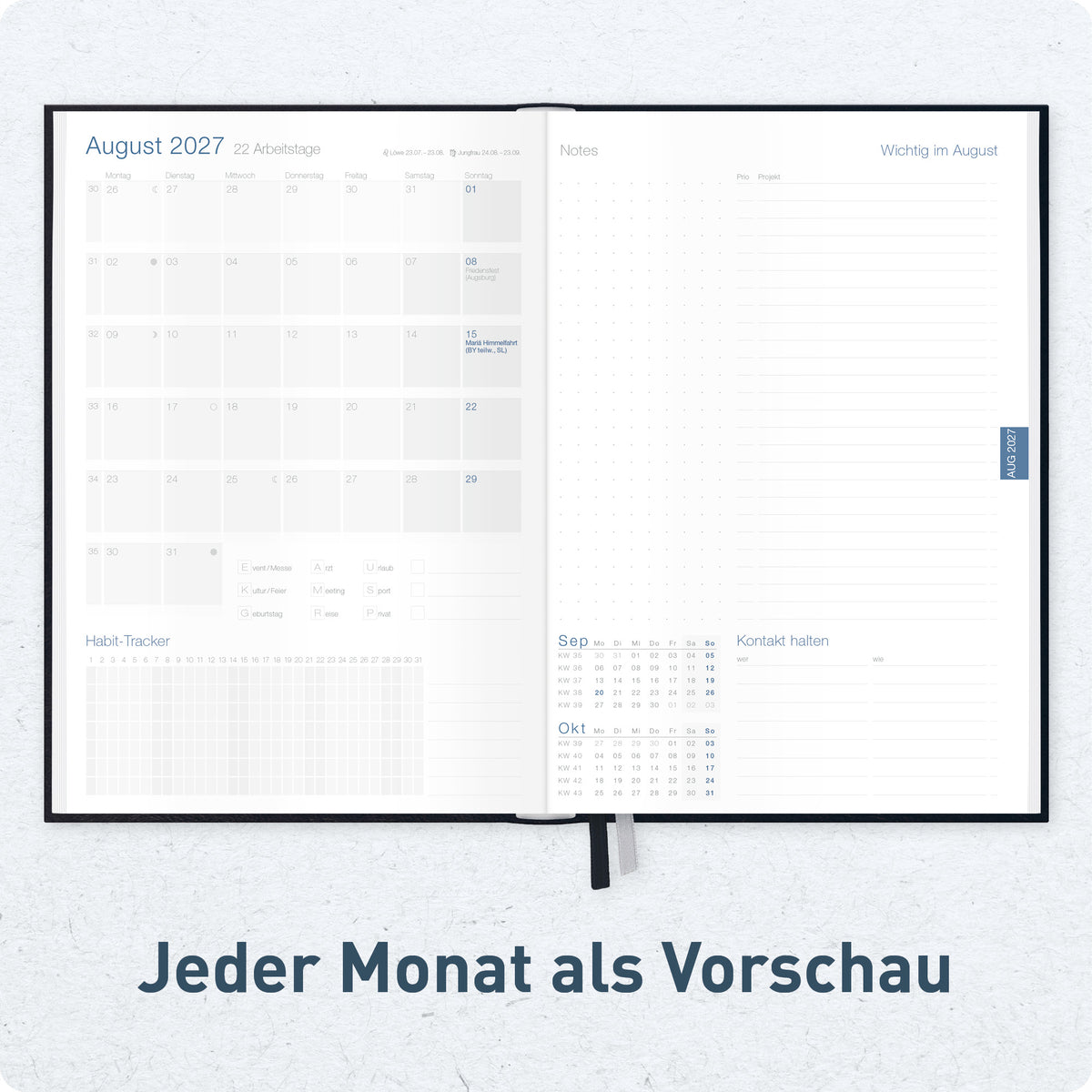 Innenansicht von Häfft Business-Timer Kalender 2027 A5 Wochenplaner im Motiv „Schwarz“ mit Monatsvorschau.