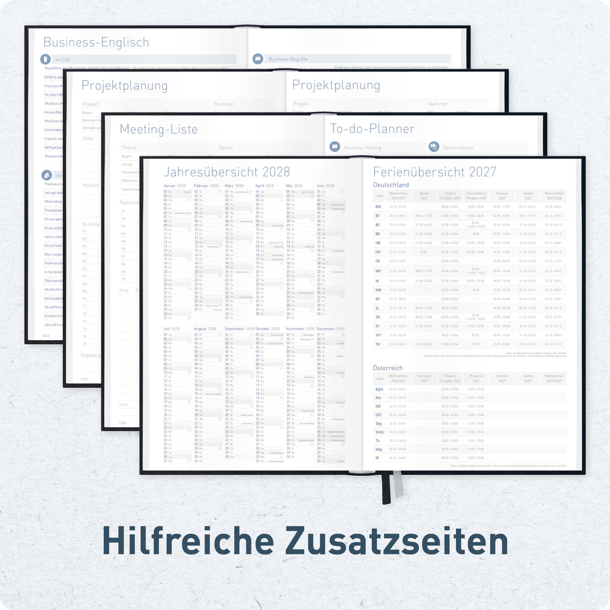 Zusatzseiten von Häfft Business-Timer Kalender 2027 A5 Wochenplaner im Motiv „Schwarz“.