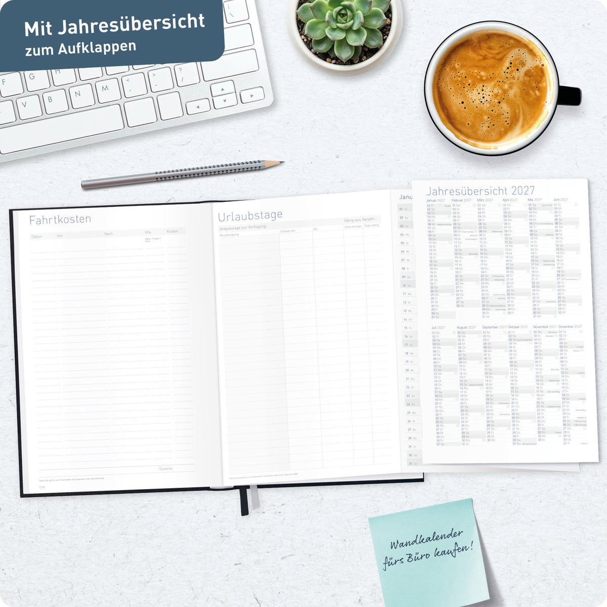 Jahresübersicht zum Aufklappen von Häfft Business-Timer Kalender 2027 A5 Wochenplaner im Motiv „Schwarz“.