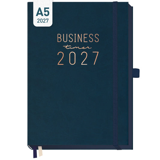 Coveransicht von Häfft Business-Timer Deluxe Kalender 2027 A5 im Motiv „Nachtblau“.