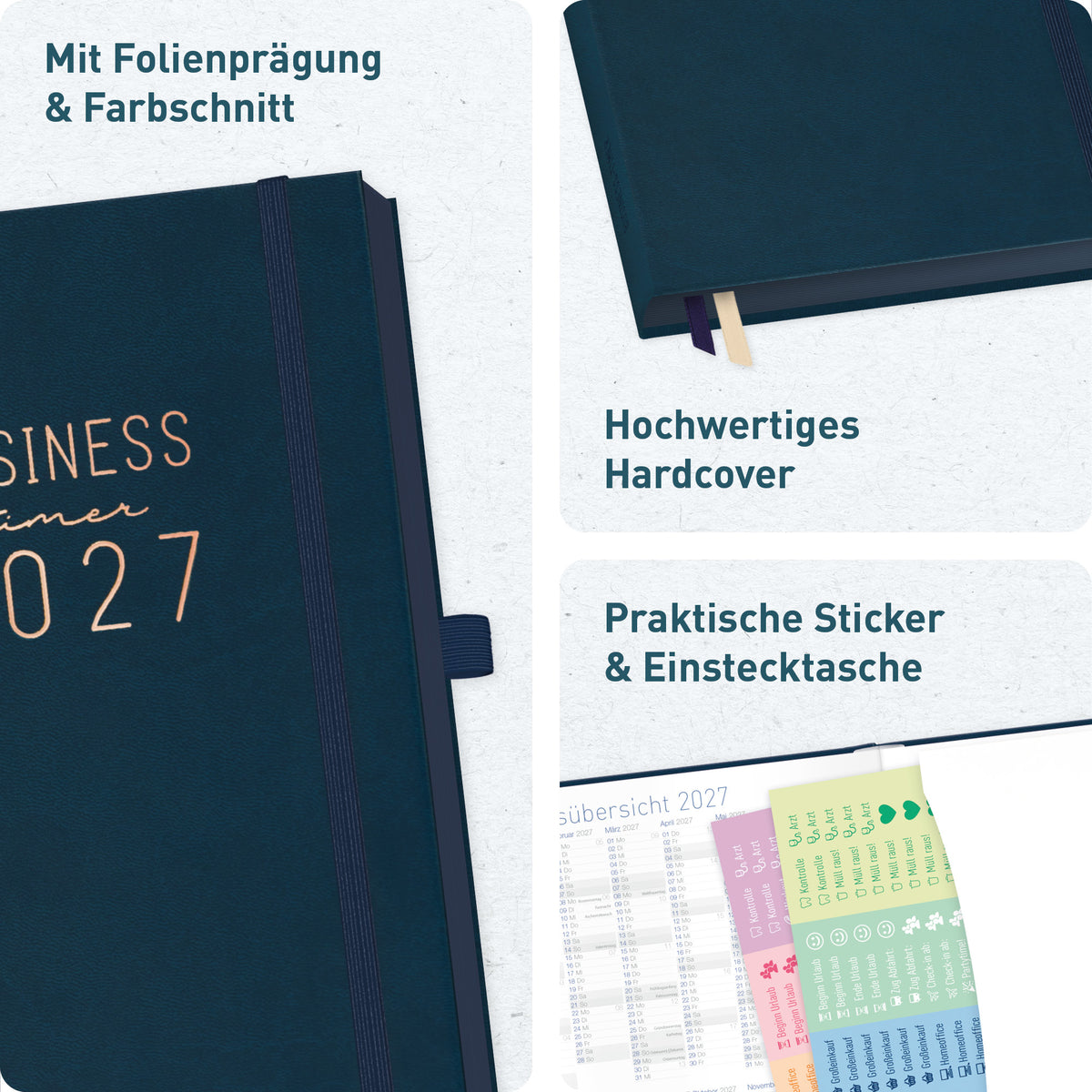 Deluxe-Einband & Ausstattung von Häfft Business-Timer Deluxe Kalender 2027 A5 im Motiv „Nachtblau“.