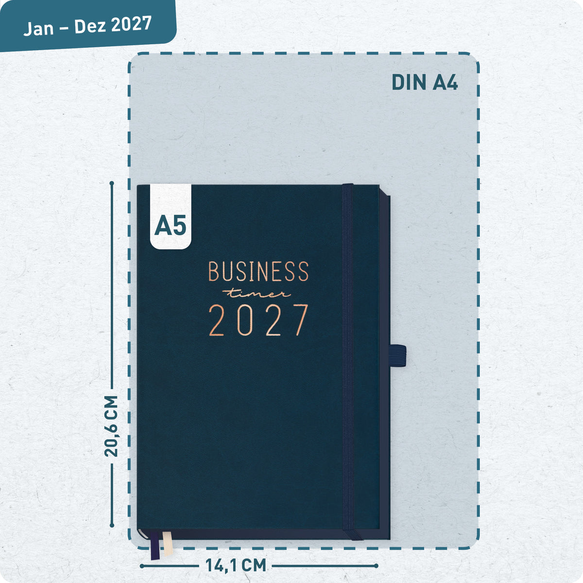 Format- und Größenansicht von Häfft Business-Timer Deluxe Kalender 2027 A5 im Motiv „Nachtblau“.