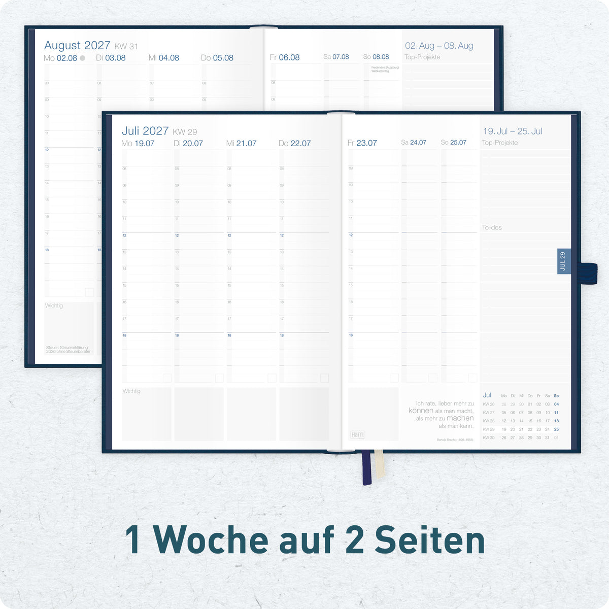 Innenansicht von Häfft Business-Timer Deluxe Kalender 2027 A5 im Motiv „Nachtblau“ mit einer Woche auf zwei Seiten.