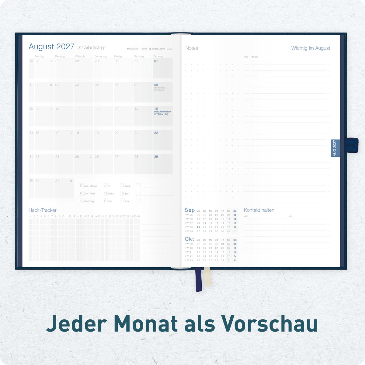 Innenansicht von Häfft Business-Timer Deluxe Kalender 2027 A5 im Motiv „Nachtblau“ mit Monatsvorschau.