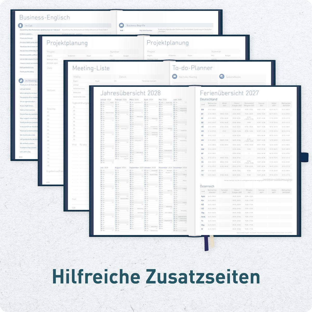 Zusatzseiten von Häfft Business-Timer Deluxe Kalender 2027 A5 im Motiv „Nachtblau“.