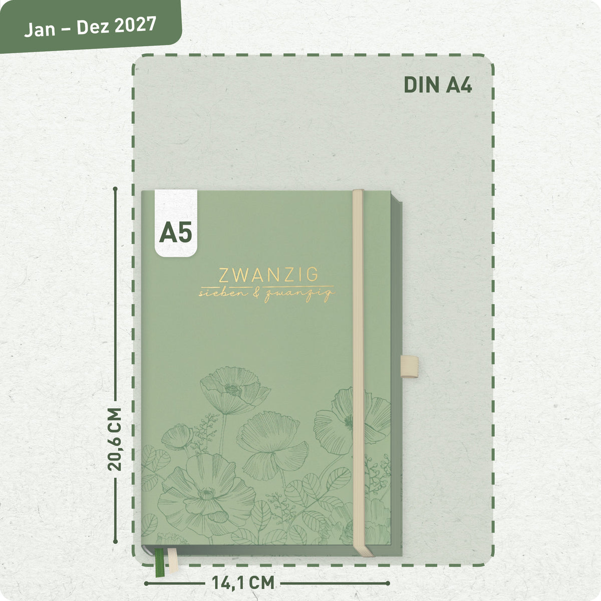 Format- und Größenansicht von Häfft Business-Timer Deluxe Kalender 2027 A5 im Motiv „Green Poppy“.