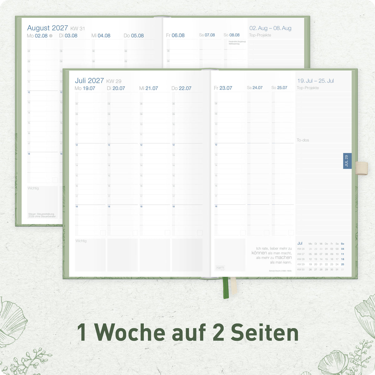 Innenansicht von Häfft Business-Timer Deluxe Kalender 2027 A5 im Motiv „Green Poppy“ mit einer Woche auf zwei Seiten.