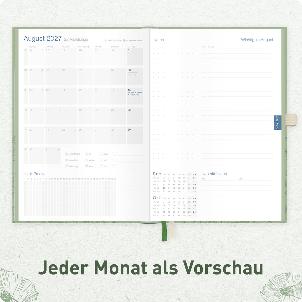 Innenansicht von Häfft Business-Timer Deluxe Kalender 2027 A5 im Motiv „Green Poppy“ mit Monatsvorschau.